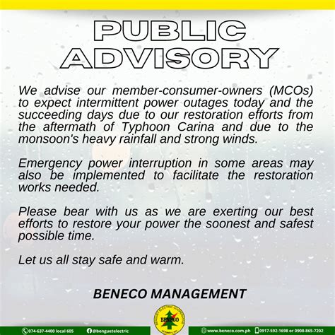 beneco advisory today|PUBLIC ADVISORY .
